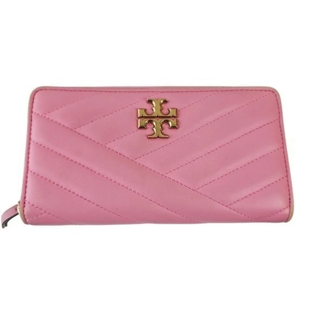 Tory Burch Kira Chevron Zip Continental Wallet Pink Leather Gold Logo